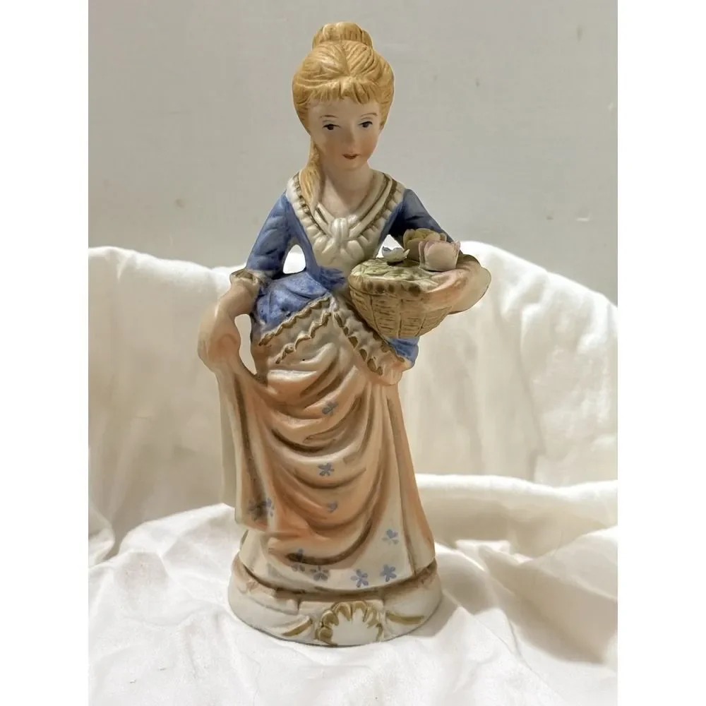 Victorian Lady Figurine Vintage Porcelain Holding A Basket Of Flowers